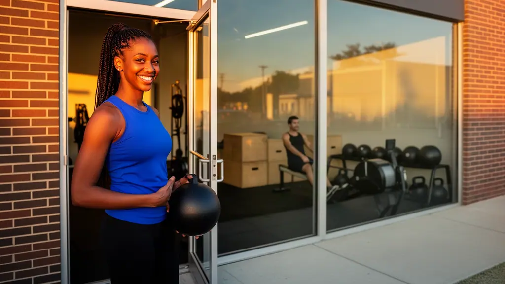 A gym owner holding a medicine ball in the open glass door of her gym at golden hour while a member trains inside.